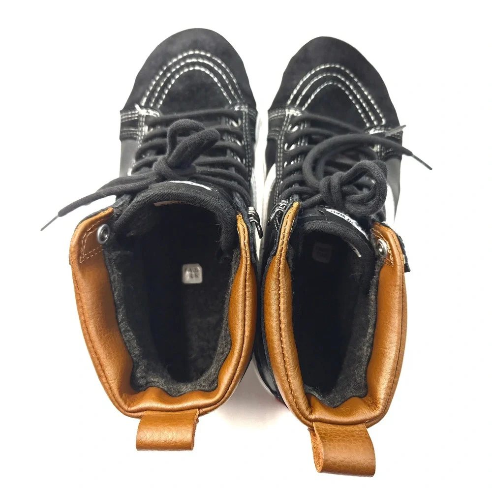 Vans Sk8-Hi MTE Black Leather Suede High Top Sneakers Brown Trim Faux Fur Lining